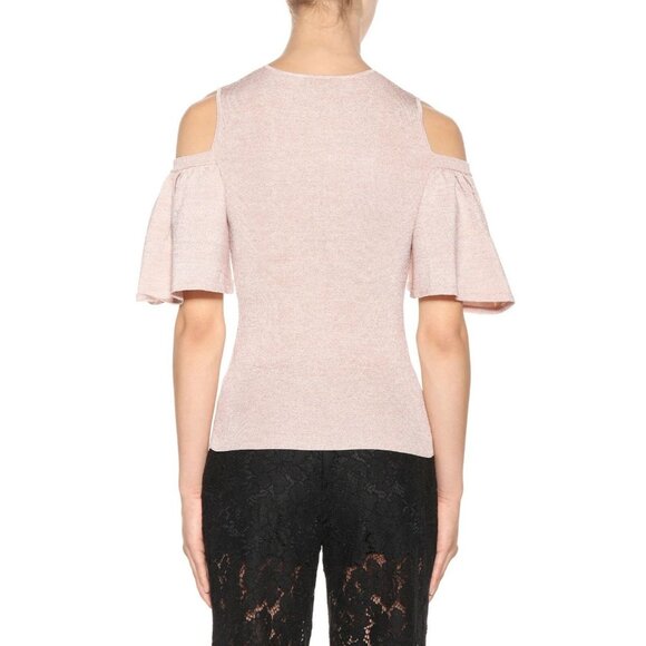 NWOT GANNI Romilly Pink Rose Metallic Knit Ruffle Cold Shoulder Blouse, Size M - Picture 2 of 12